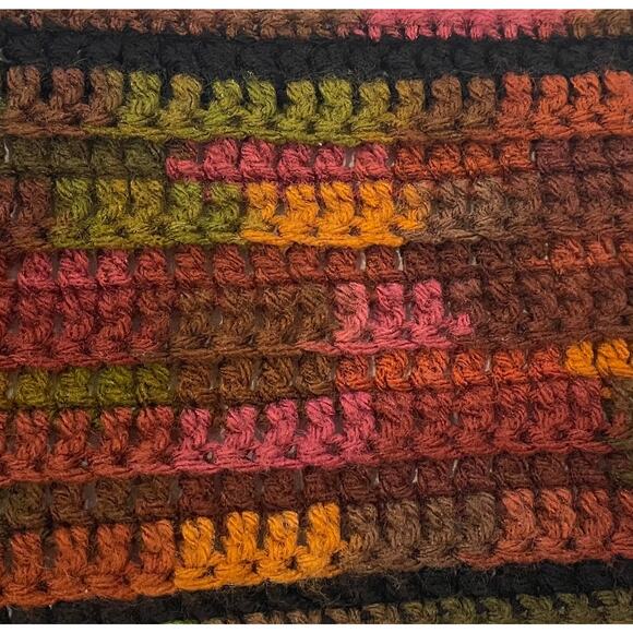 Hand Knit Autumn Colors Scarf with Fringe, Burnt Orange, Brown, Green, Black - Picture 3 of 4